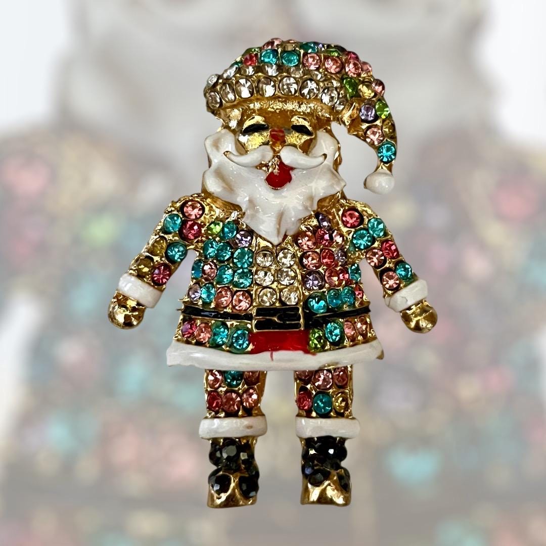 Sparkly Santa Claus Brooch Pin Necklace Pendant, Gold Plated Enamel, Rhinestone Encrusted, Cute Charm Pin for Christmas