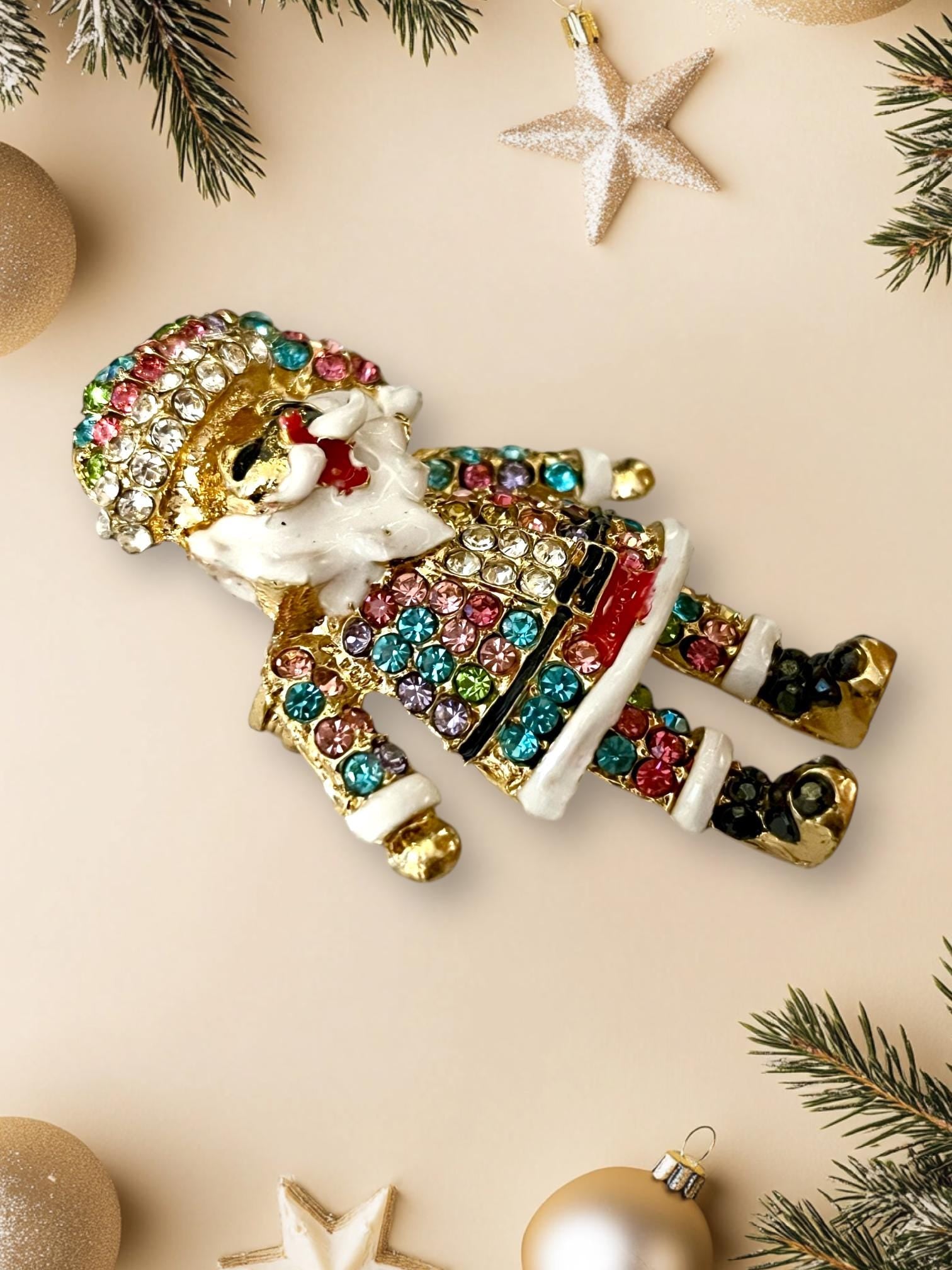 Sparkly Santa Claus Brooch Pin Necklace Pendant, Gold Plated Enamel, Rhinestone Encrusted, Cute Charm Pin for Christmas