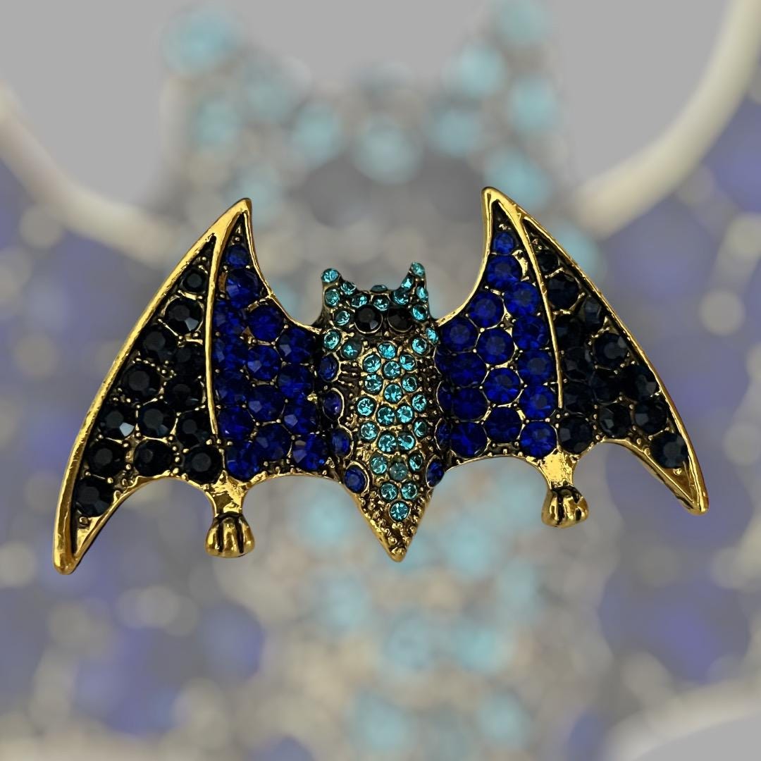 Stunning Elegant Halloween Bat Pin in Blue, Green and Black - Sparkling Rhinestone Brooch