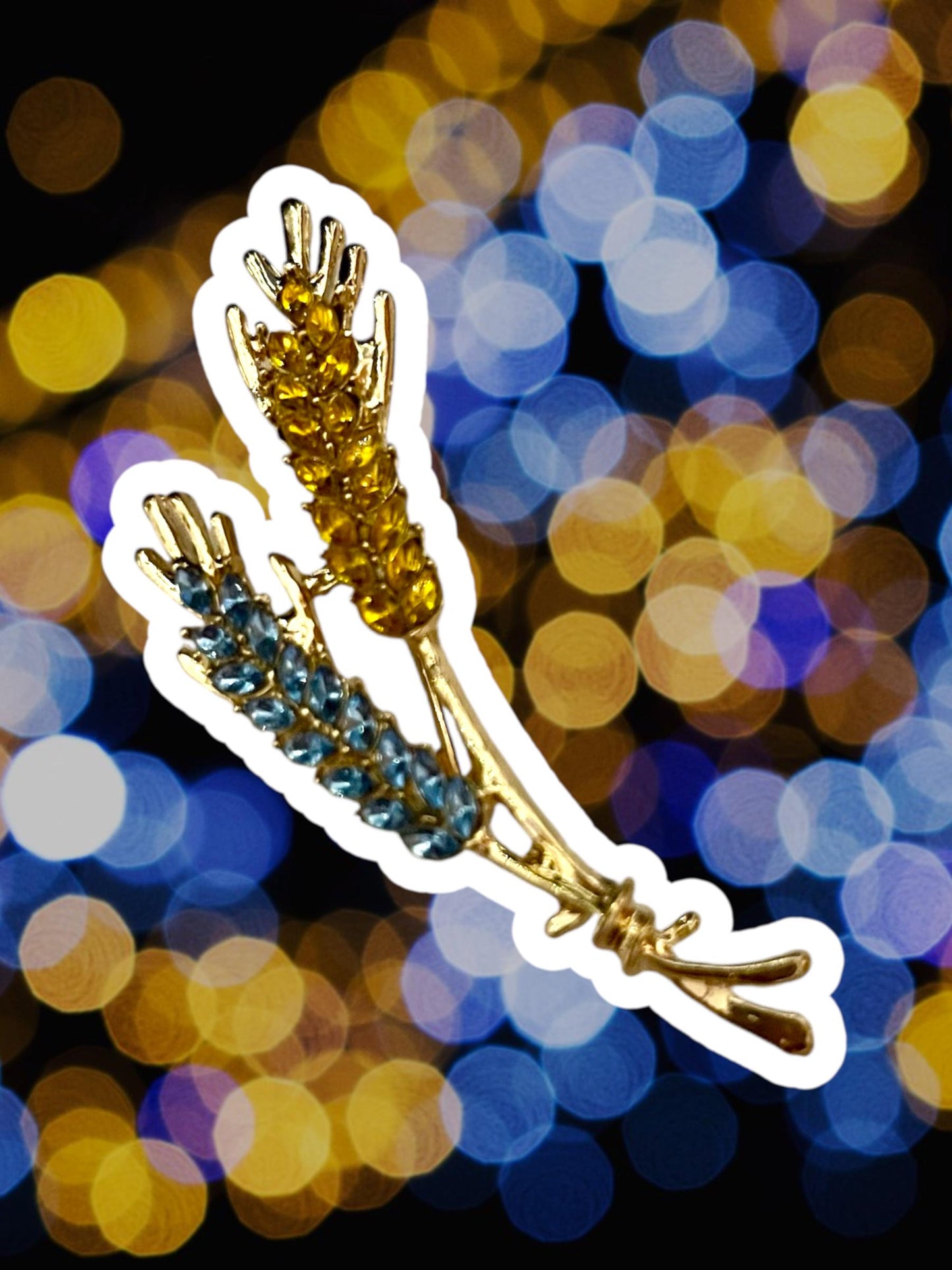 Rustic Wheat Brooch Pin - 18K Gold Finish with Blue & Yellow Crystal Details