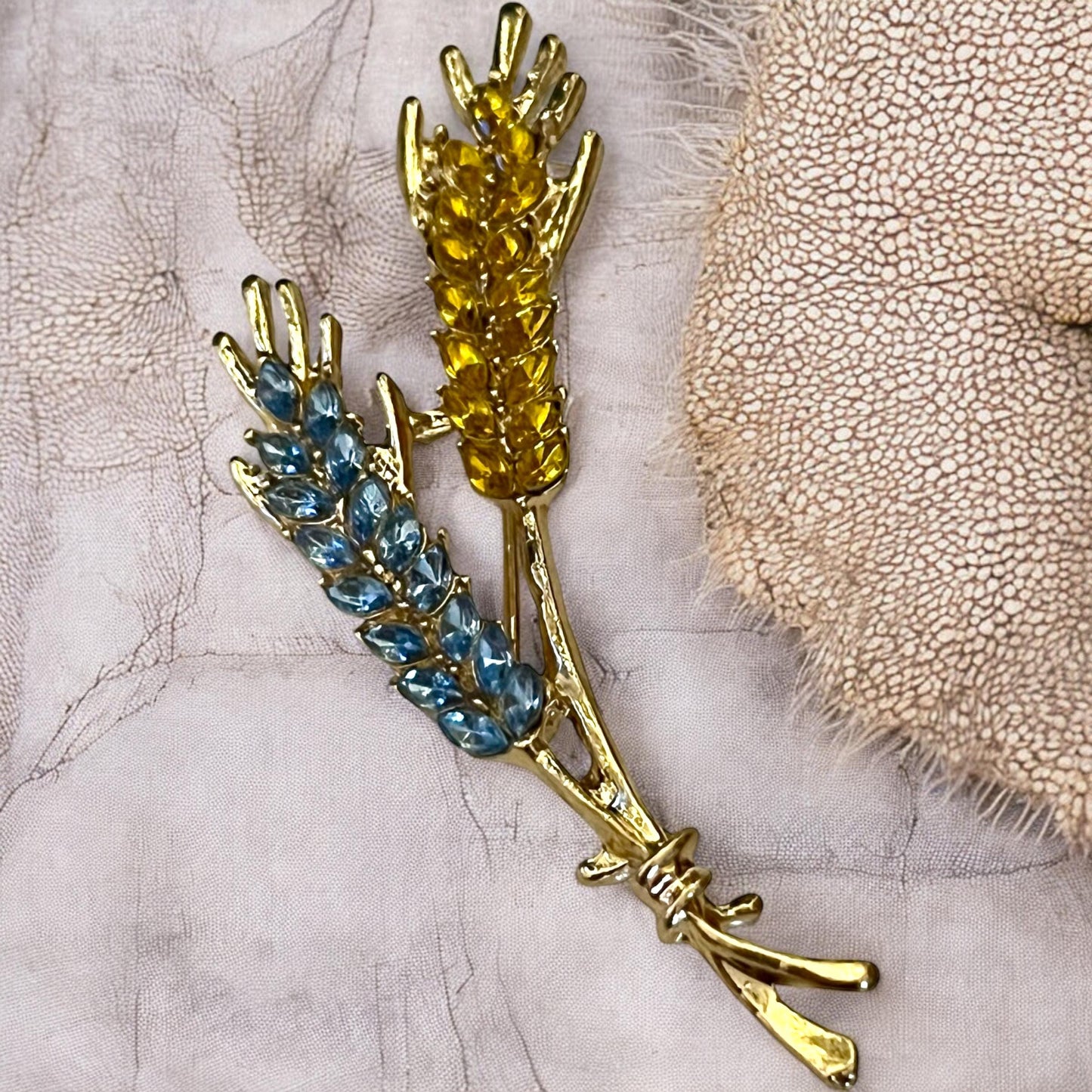 Rustic Wheat Brooch Pin - 18K Gold Finish with Blue & Yellow Crystal Details