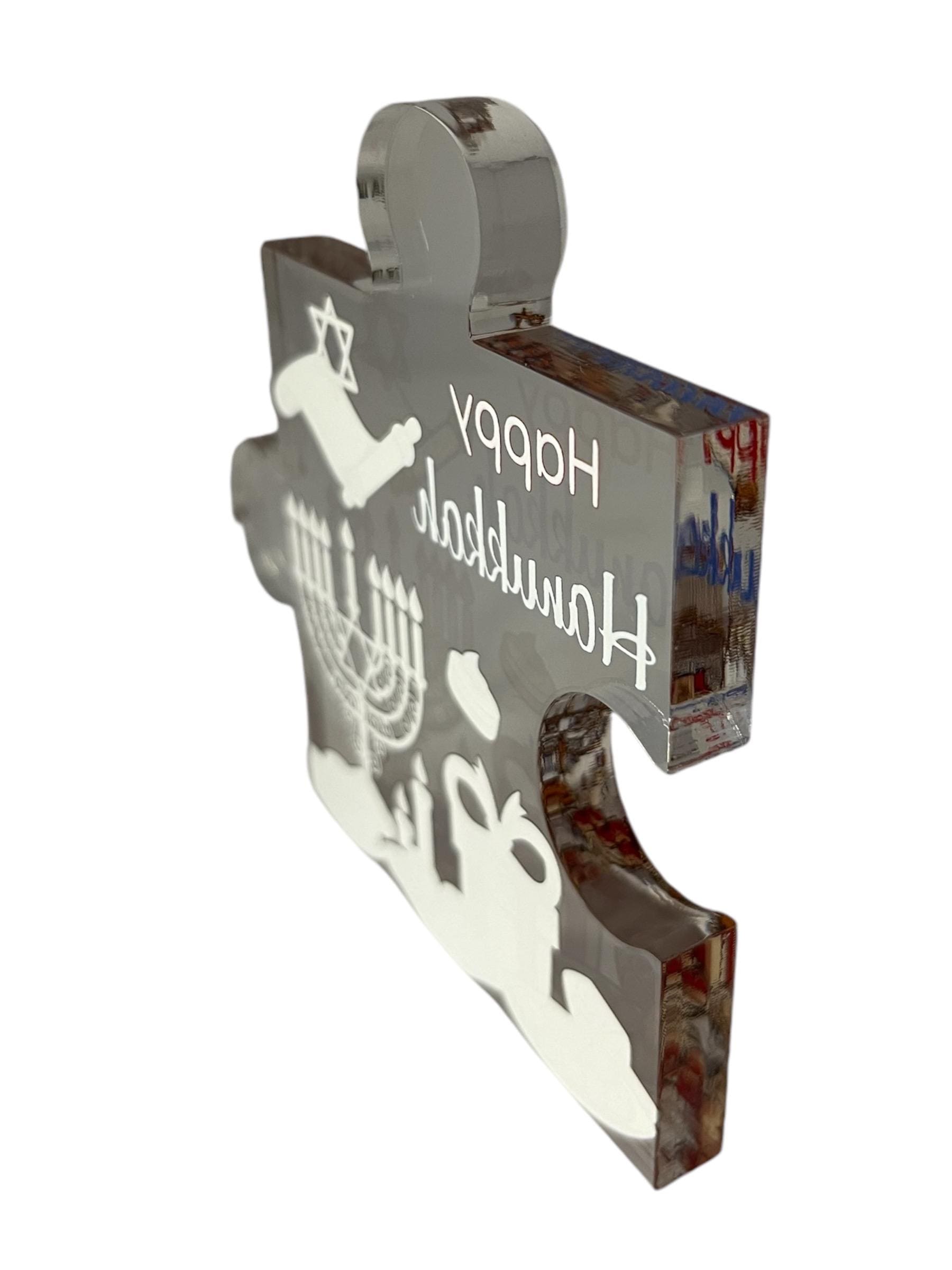 Happy Hanukkah Acrylic Puzzle Piece Plaque with Festive Dreidel, Menorah, and Scroll Design