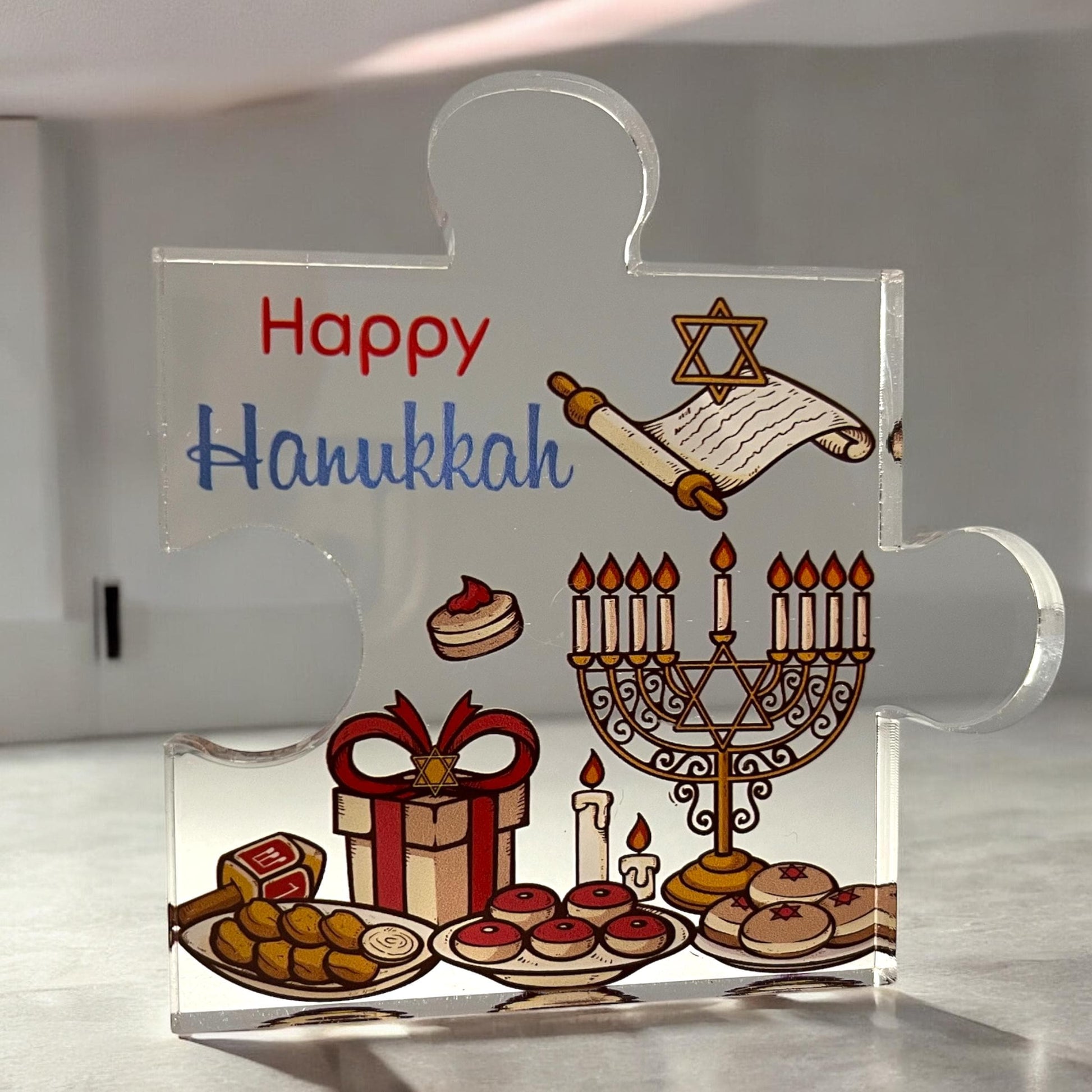 Happy Hanukkah Acrylic Puzzle Piece Plaque with Festive Dreidel, Menorah, and Scroll Design