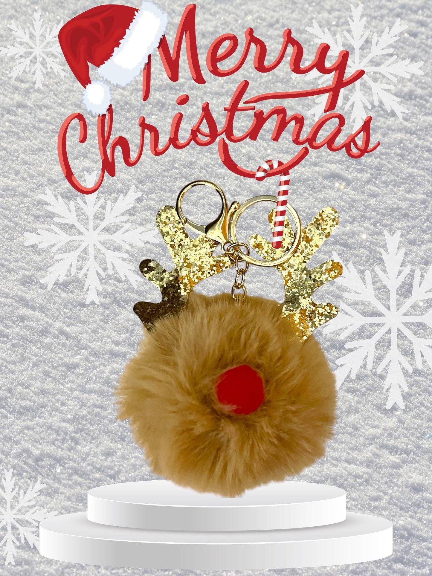 Sequined Reindeer Keychain Purse Charm - Plush Antlers Key Rings with Lobster Clasp