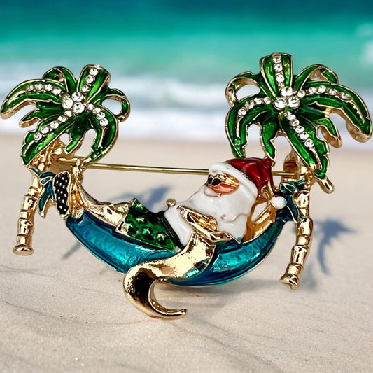 Charming Santa Claus Palm Tree Tropical Brooch - Perfect Holiday Accessory!