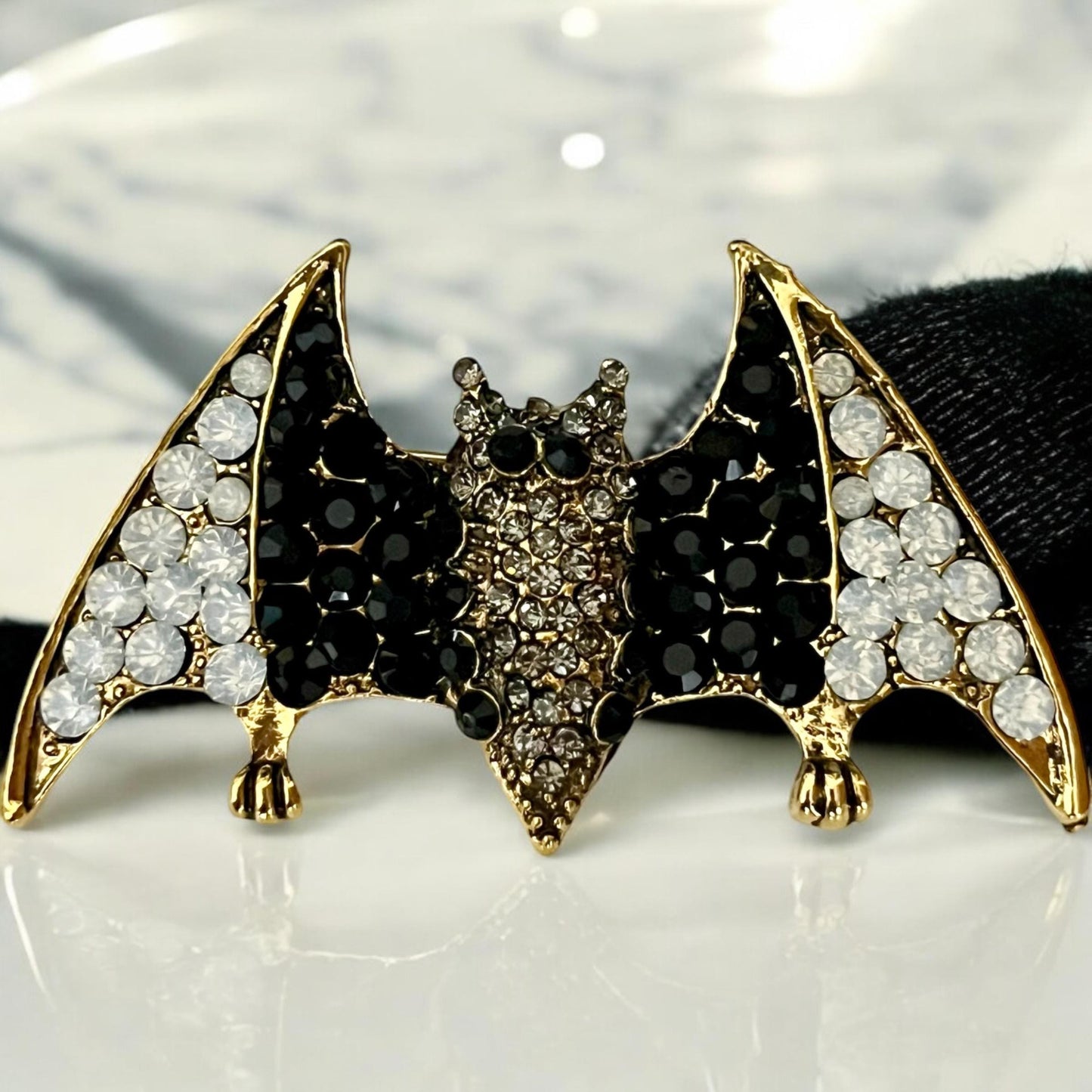 Stunning Elegant Halloween Bat Pin in Blue, Green and Black - Sparkling Rhinestone Brooch