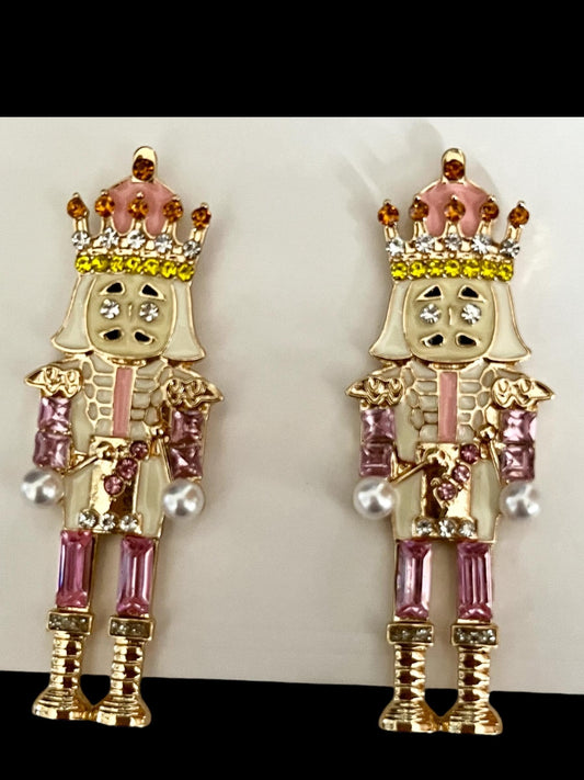 Festive Pink Nutcracker Stud Earrings with Shimmering Rhinestones