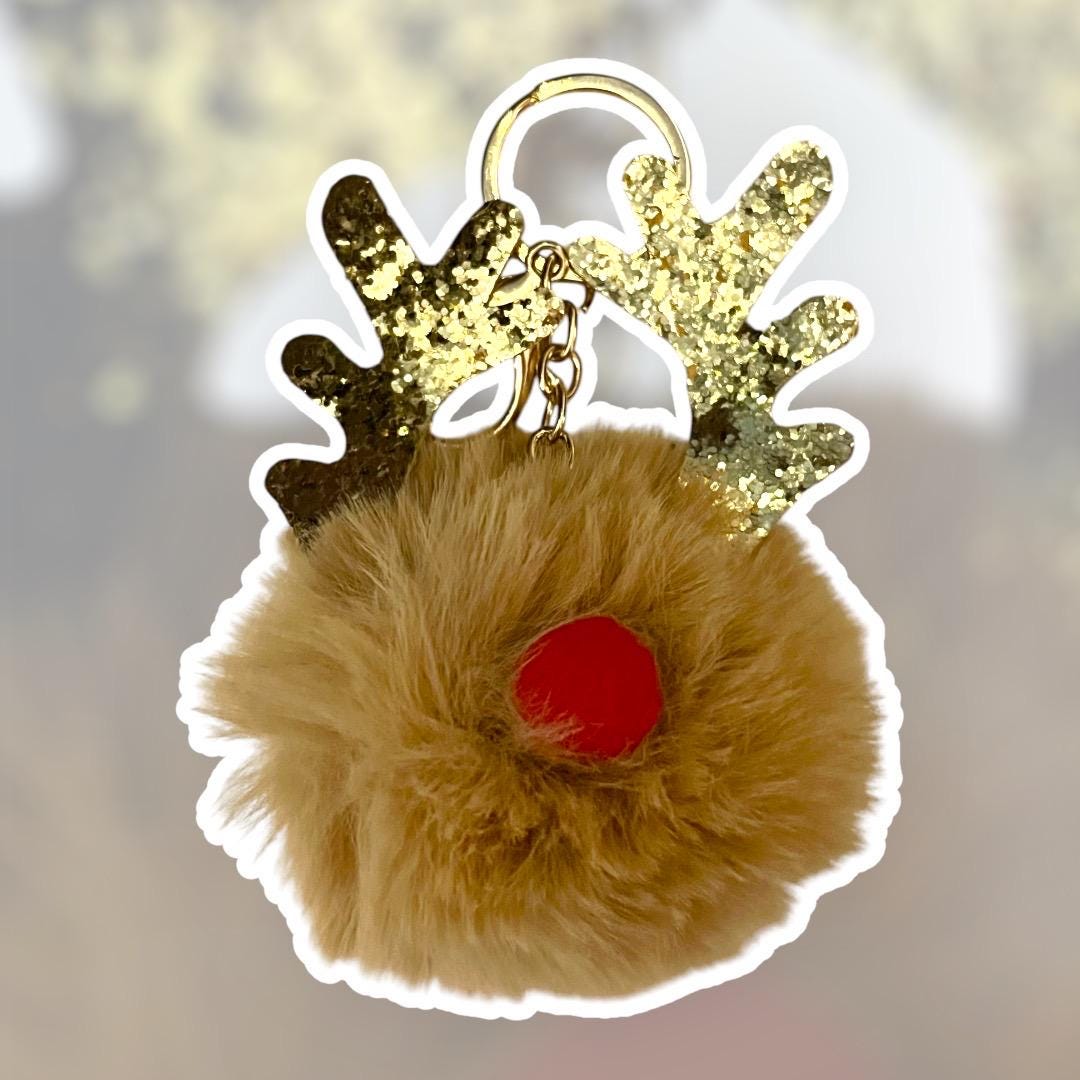 Sequined Reindeer Keychain Purse Charm - Plush Antlers Key Rings with Lobster Clasp