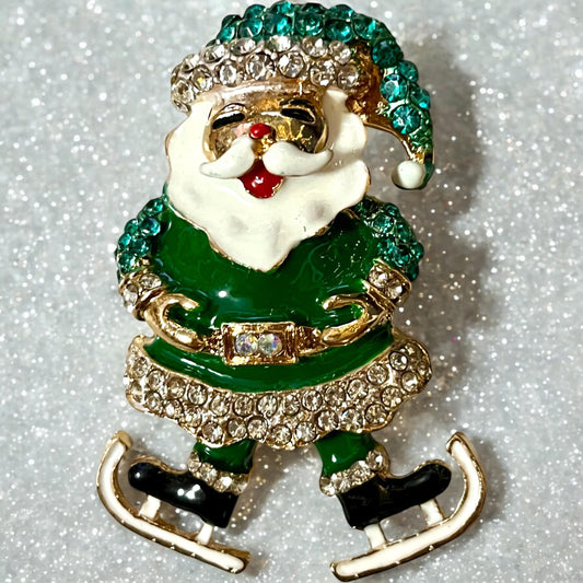 Charming Santa & Skate Shoes Brooch Pin with Sparkling Faux Crystals for the Holiday Season