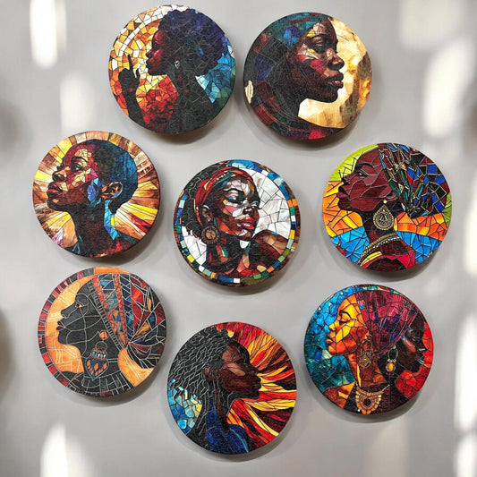 Elegant African American Women Art Wooden Coaster Set - 8 Pieces, Perfect for Drinks, Coffee & Tea