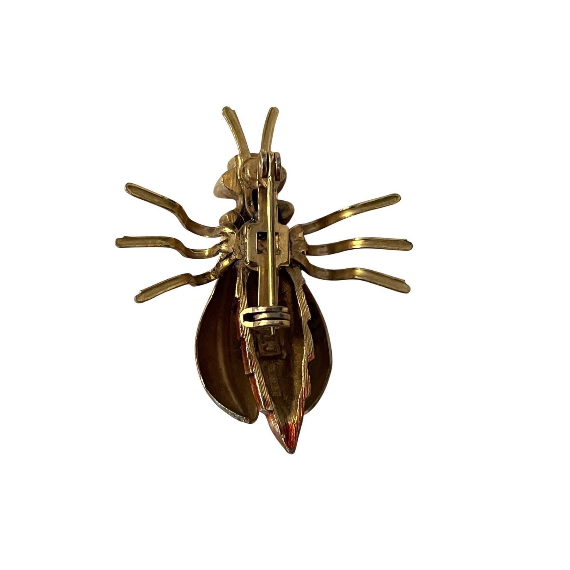 Vintage JJ Jonette Beetle Brooch Gold Tone Green Brown Insect Pin Signed 1.5”