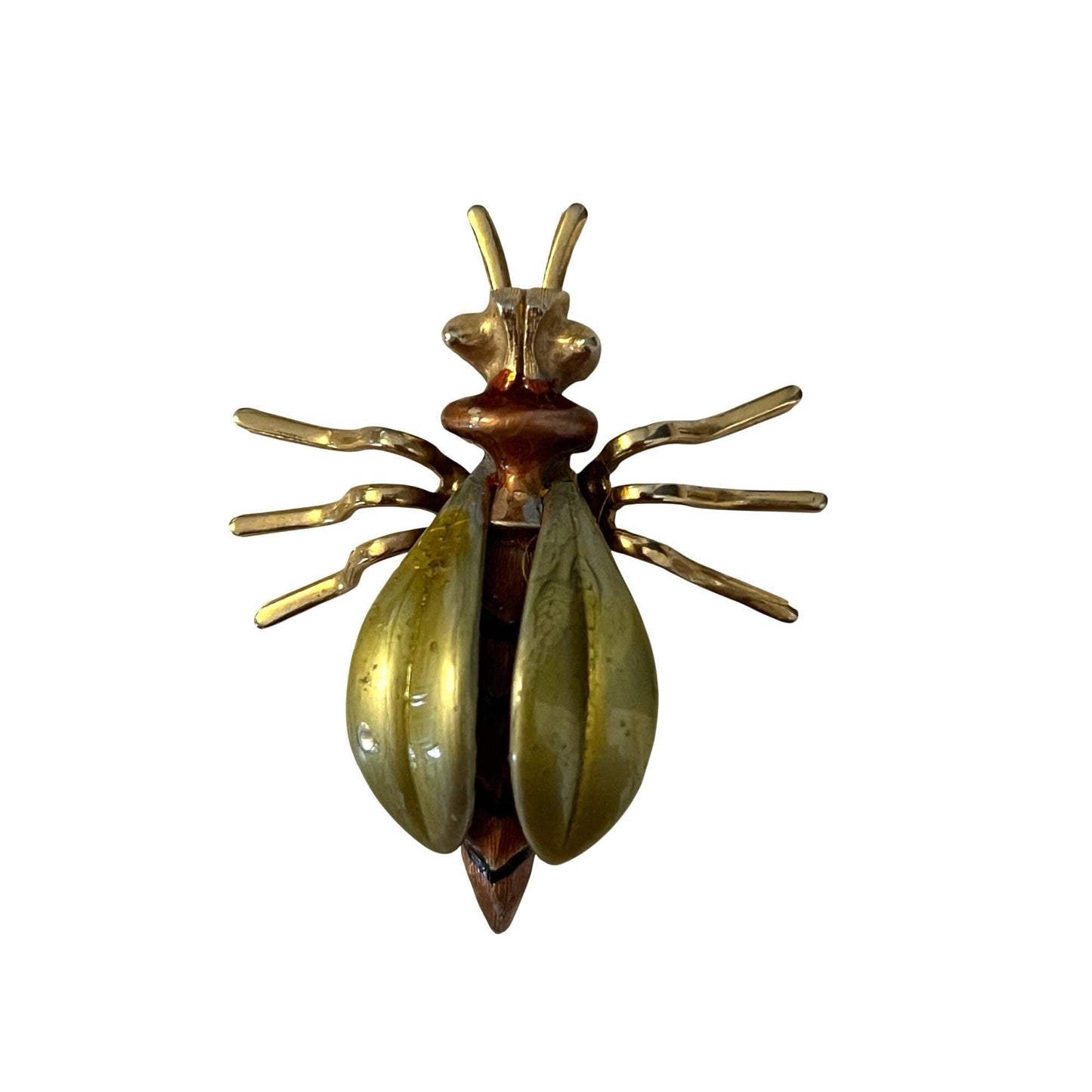 Vintage JJ Jonette Beetle Brooch Gold Tone Green Brown Insect Pin Signed 1.5”