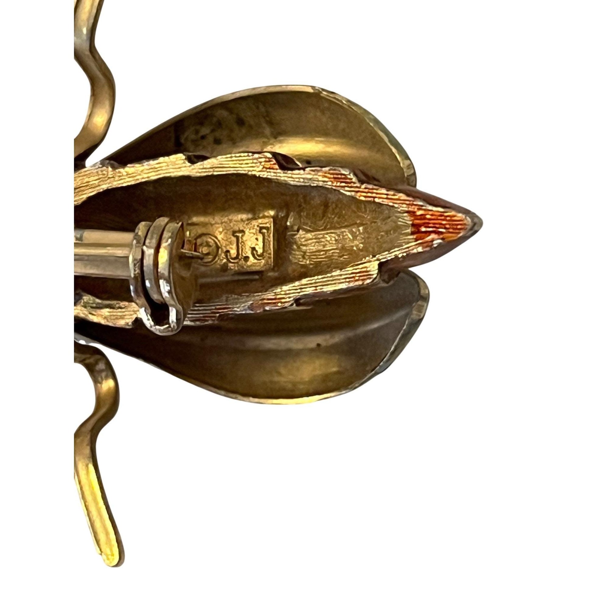 Vintage JJ Jonette Beetle Brooch Gold Tone Green Brown Insect Pin Signed 1.5”