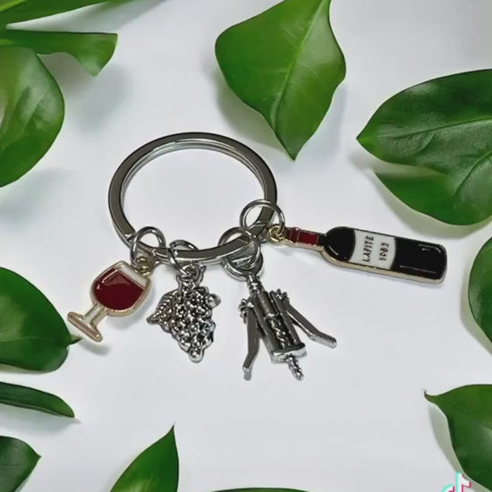 Wine Themed Keychain with Wine Glass, Grapes, Wine Bottle and Bottle Opener Charms