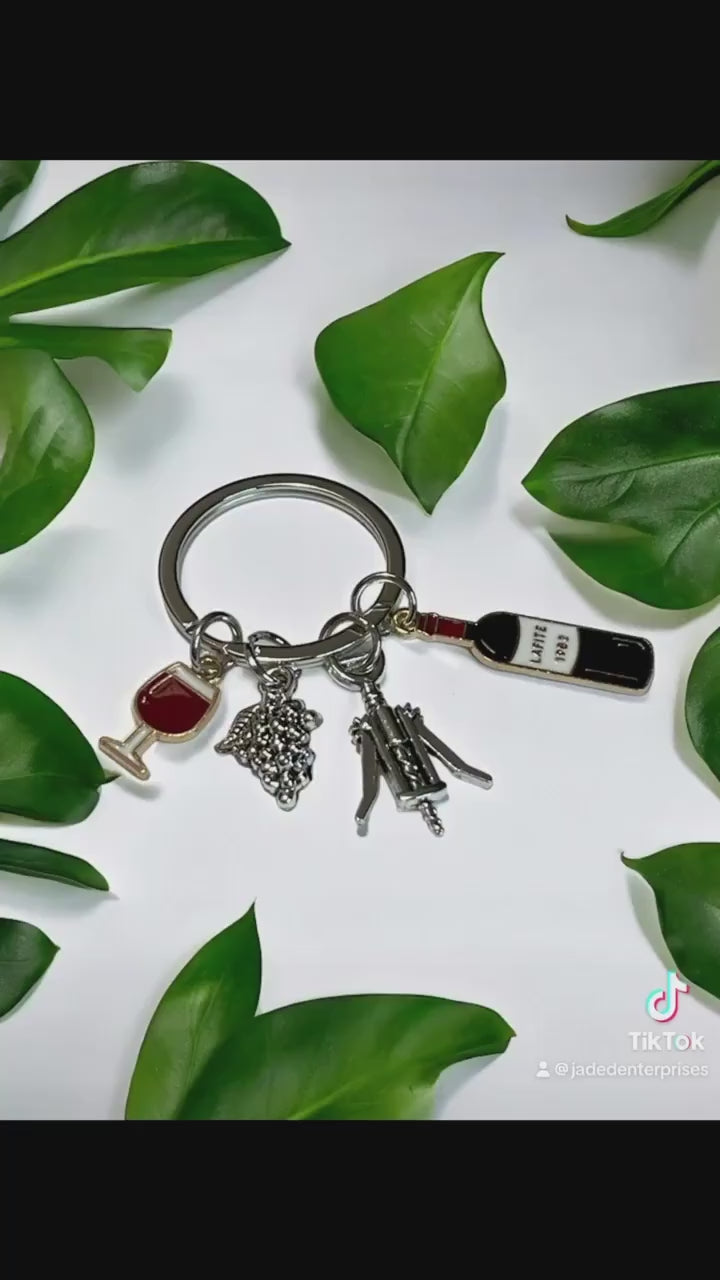 Wine Themed Keychain with Wine Glass, Grapes, Wine Bottle and Bottle Opener Charms