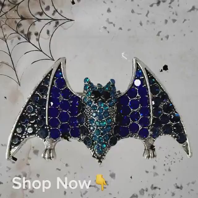 Royal Blue Rhinestone Flying Bat Pin or Brooch