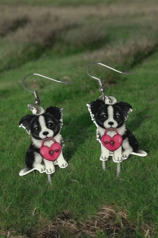 Adorable Heart Border Collie Dog Acrylic Dangle Earrings