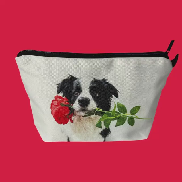 Pretty Floral Border Collie Cosmetic Travel Makeup Bag - Stylish Zipper Pouch