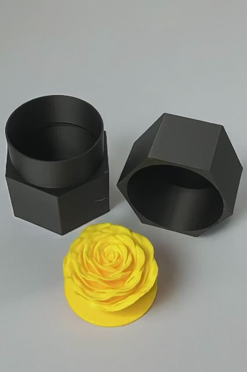 Hexagonal Black Gift or Jewelry Box with Yellow Rose Insert. 3D Printed.