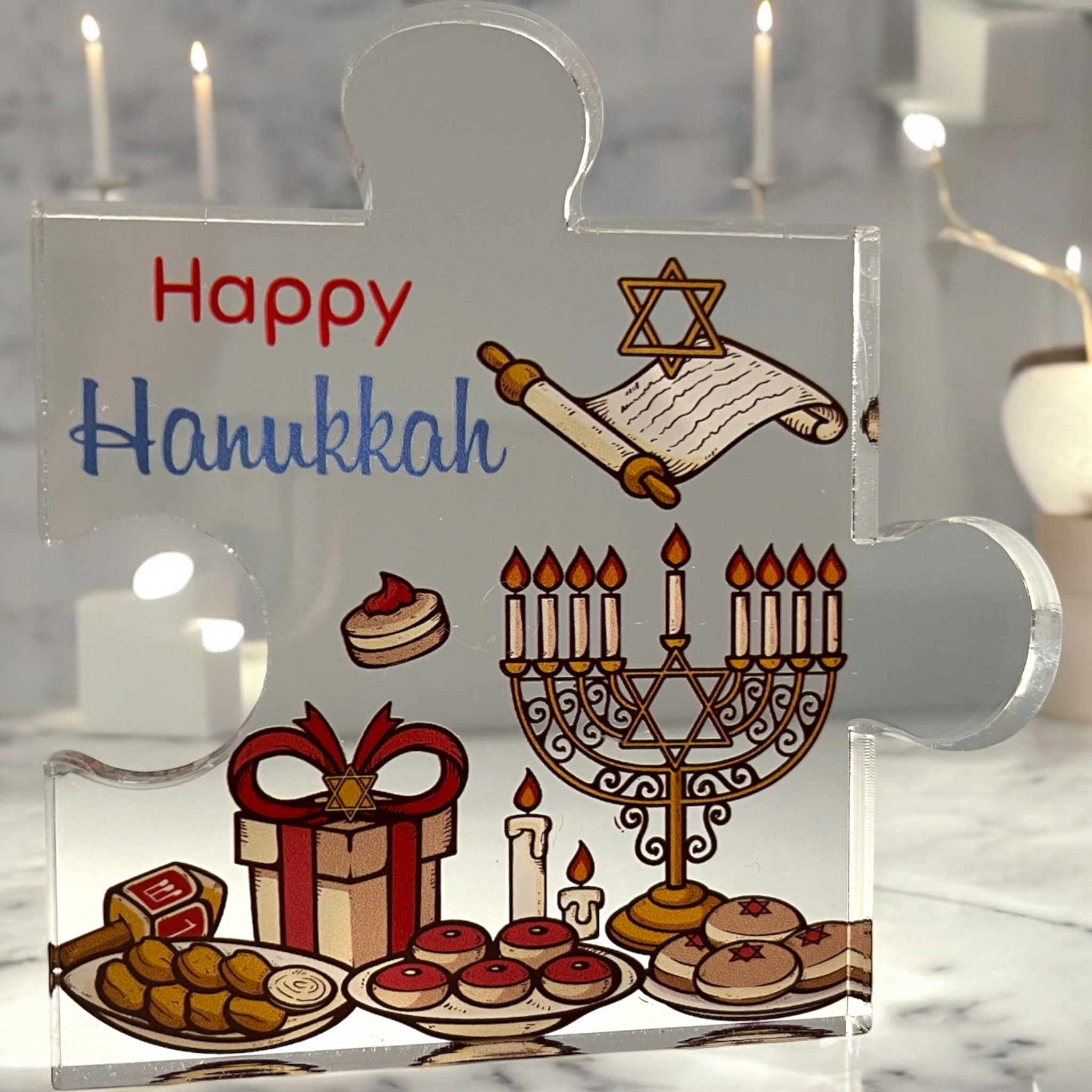 Happy Hanukkah Acrylic Puzzle Piece Plaque with Festive Dreidel, Menorah, and Scroll Design