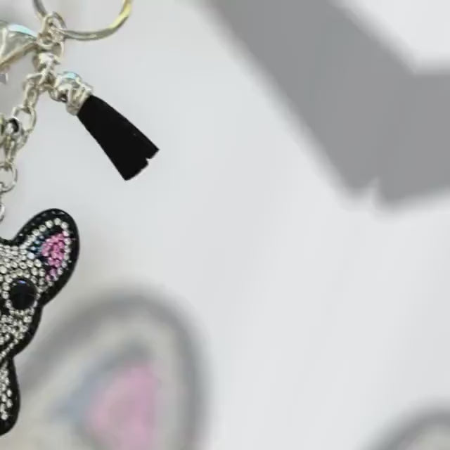 Sparkling Cartoon French Bulldog Badge Charm Keychain with Rhinestones and Tassel Charm