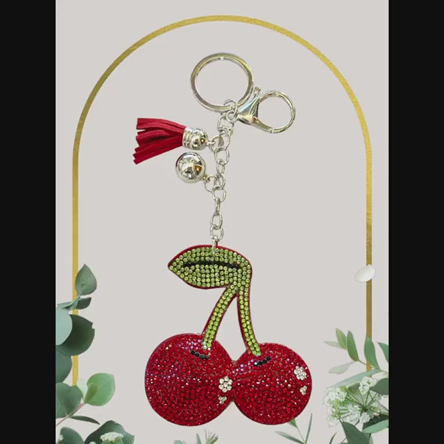 Sparkling Cherry Keychain With Rhinestones And Tassel - Lobster Clasp Fashion Accessory