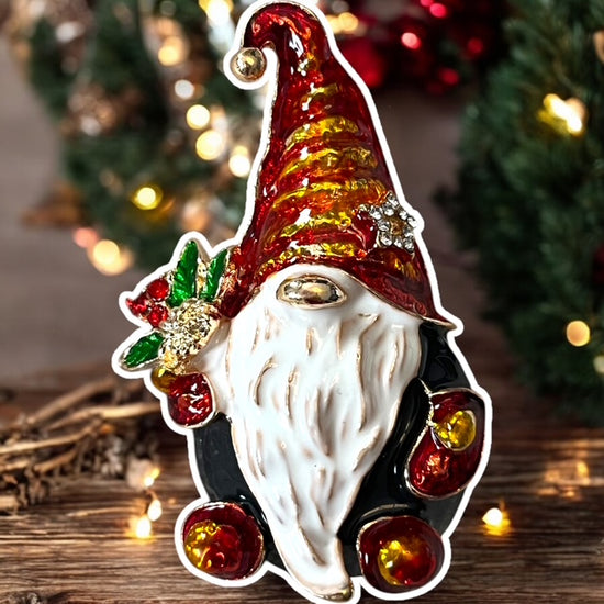 Sparkly Holiday Gnome Brooch - Whimsical Pin for Festive Attire