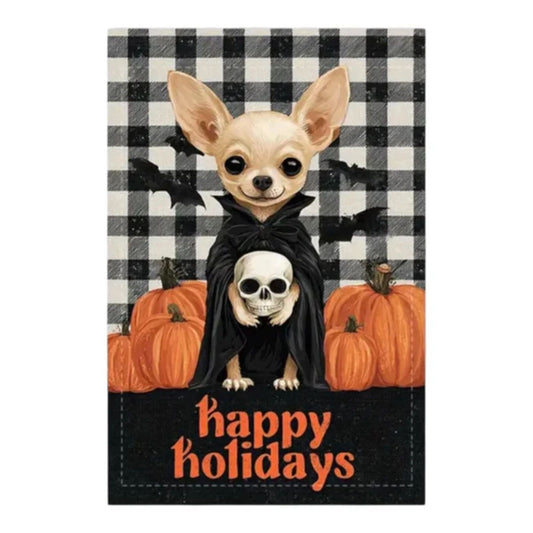 Halloween Chihuahua Garden Flag – “Happy Holidays” Plaid Pumpkin 12 x 18