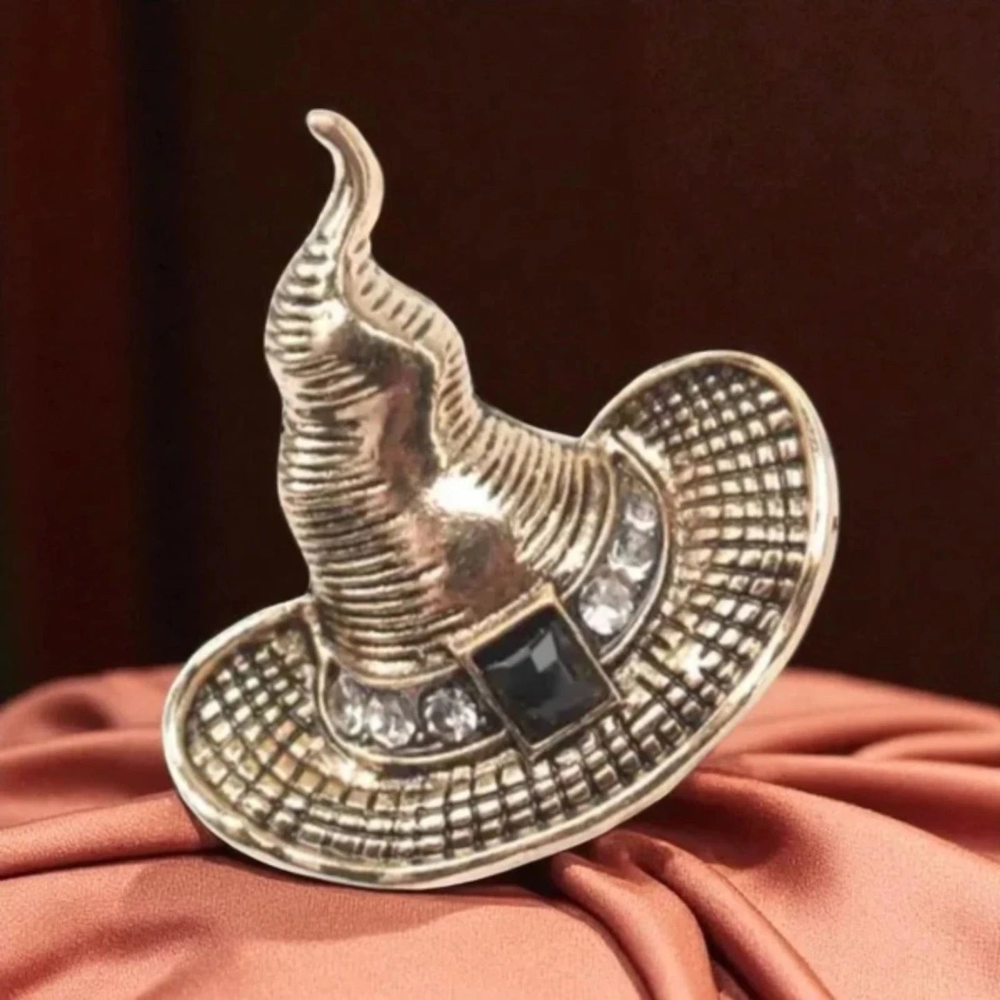 Vintage Style Witch Hat Brooch – Rhinestone Accents – Halloween Jewelry Pin