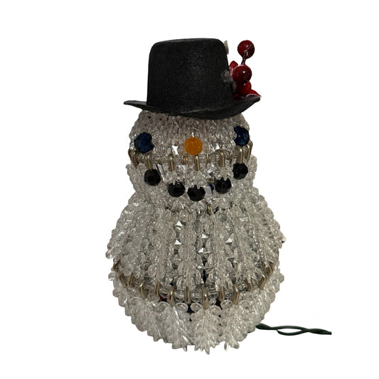 Vintage Style Lighted Beaded Snowman Christmas Decoration Black Top Hat 8 Inch
