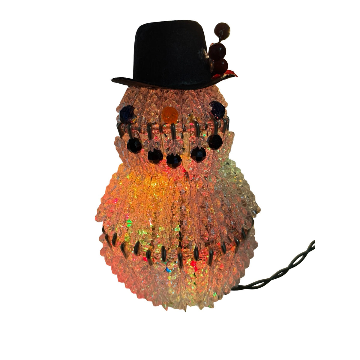 Vintage Style Lighted Beaded Snowman Christmas Decoration Black Top Hat 8 Inch