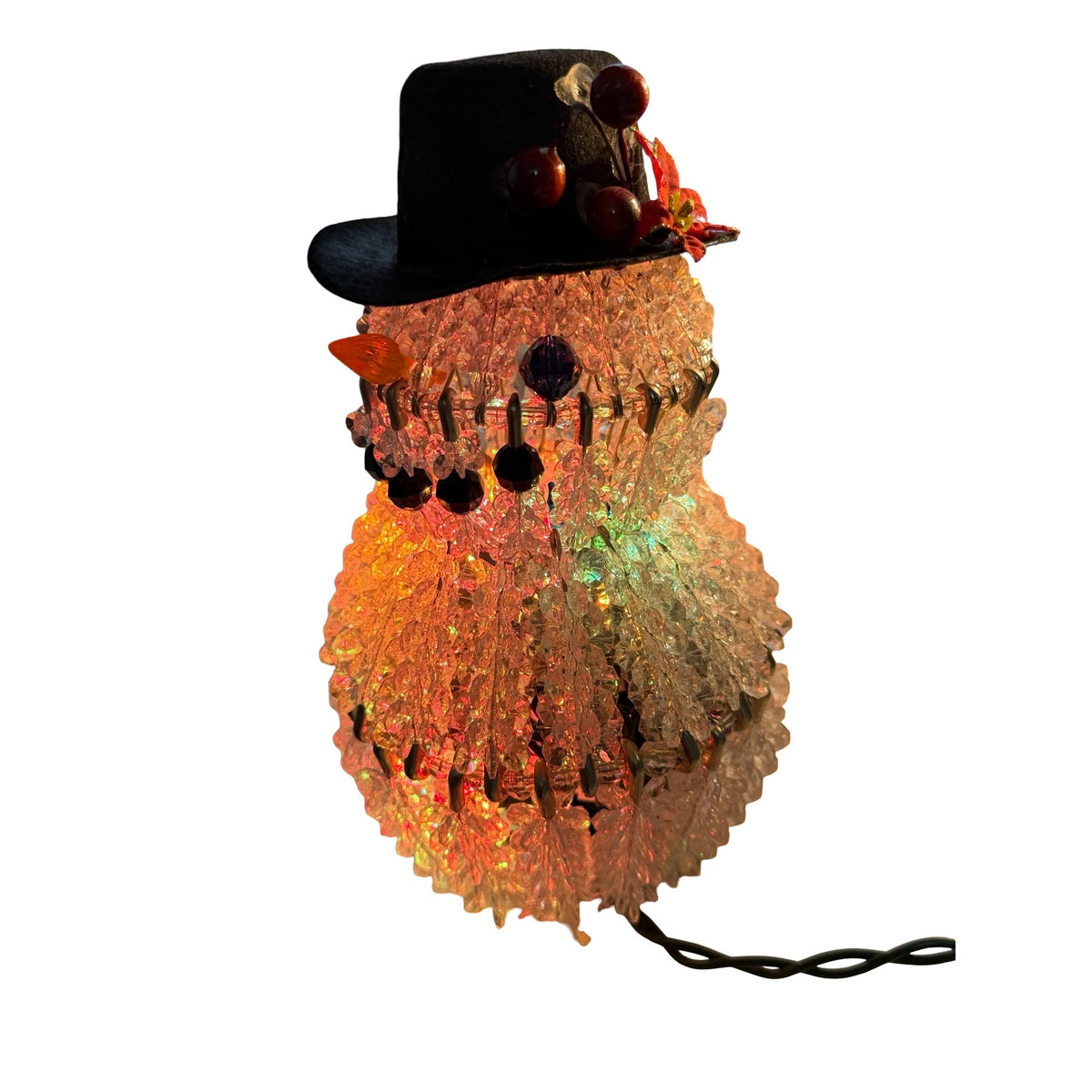 Vintage Style Lighted Beaded Snowman Christmas Decoration Black Top Hat 8 Inch