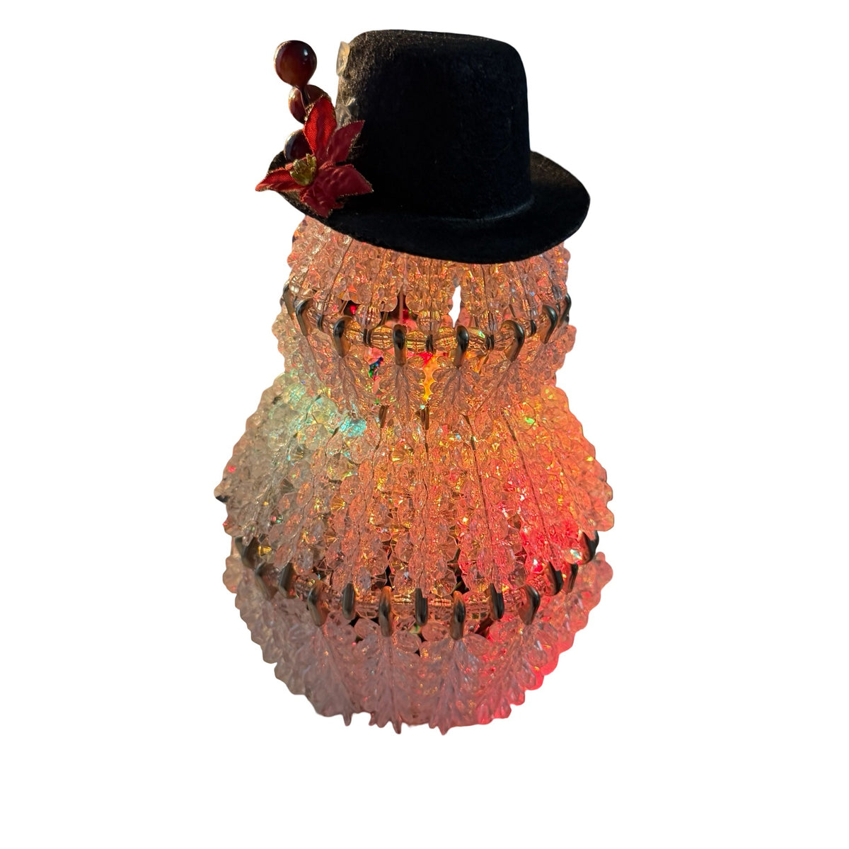 Vintage Style Lighted Beaded Snowman Christmas Decoration Black Top Hat 8 Inch
